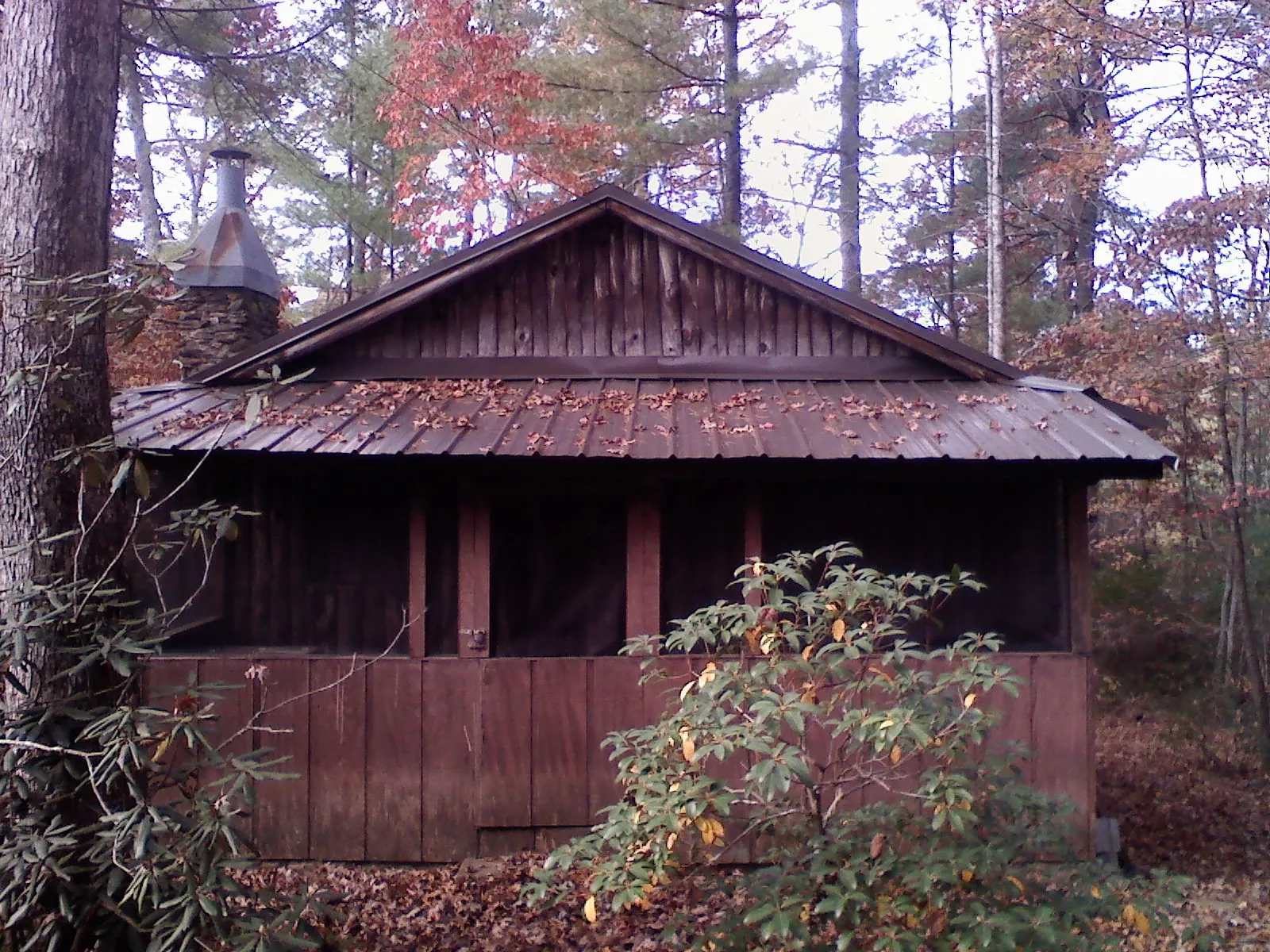 Metal roof over the screened porch of a rustic cabin in Lake Hughes