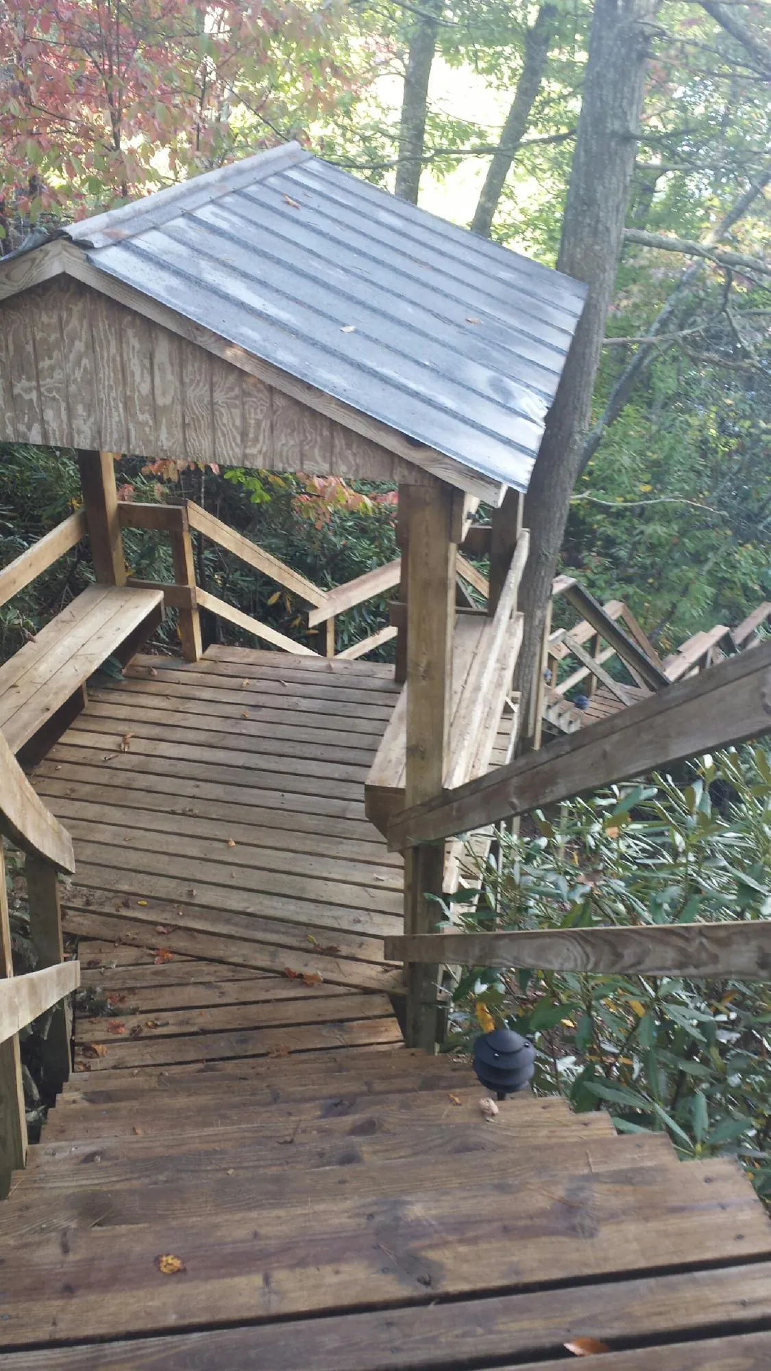 Metal roofed shelter over wooden steps on a wooded walkway — Skylight Repair & Installation work by our crew in Lake Hughes